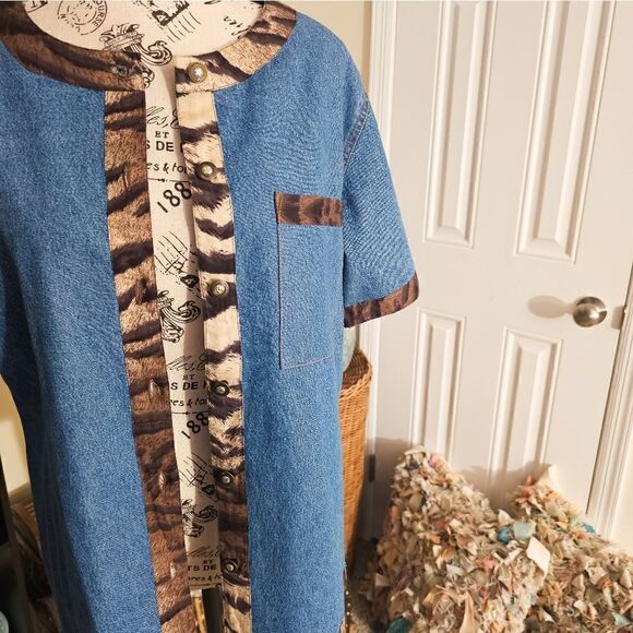 Vtg 80's Studio West Boxy Animal Print Trim Denim Short Sleeve Jacket. - Picture 13 of 15